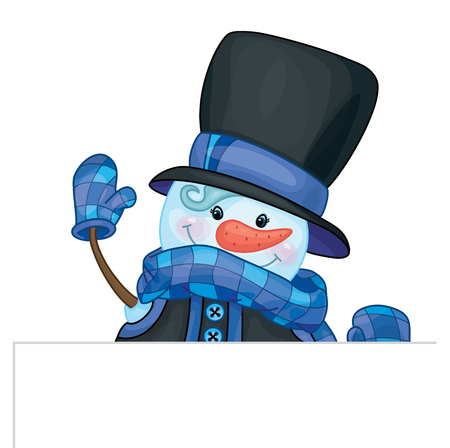 Vector  snowman cartoon hiding by blank, isolated on white.のイラスト素材