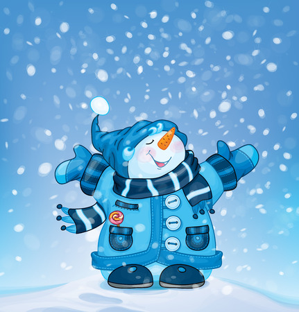 Vector happy snowman  and snowfall.のイラスト素材