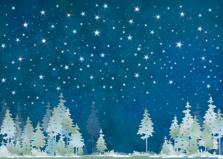 Vector winter night starry sky and  forest background.のイラスト素材