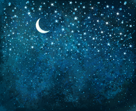 Vector night starry sky, sparkling stars and moon background.のイラスト素材