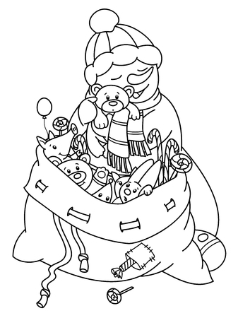 Vector cute snowman and  bag with toys cartoons, black silhouettes isolated on white for coloring.のイラスト素材