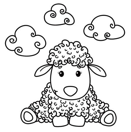 Vector cute sheep cartoon, black silhouette isolated on white for coloring.のイラスト素材