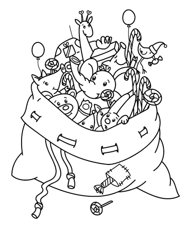 Vector  Christmas  bag with toys  cartoons, black silhouettes isolated on white for coloring.のイラスト素材