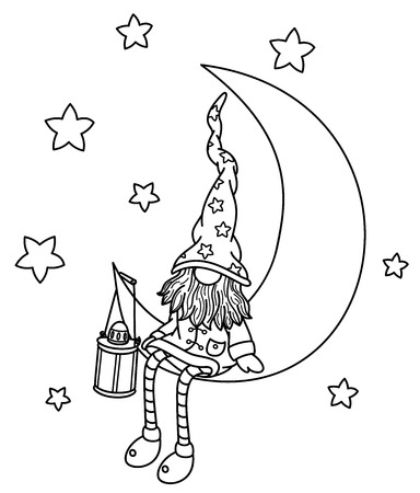 Vector   gnome cartoon sitting on the moon, black silhouettes isolated on white.のイラスト素材