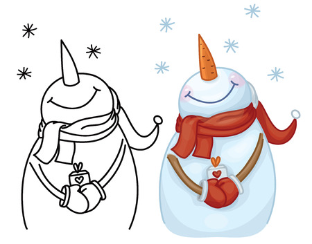 Vector happy snowman cartoon holding gift,  isolated on white.のイラスト素材