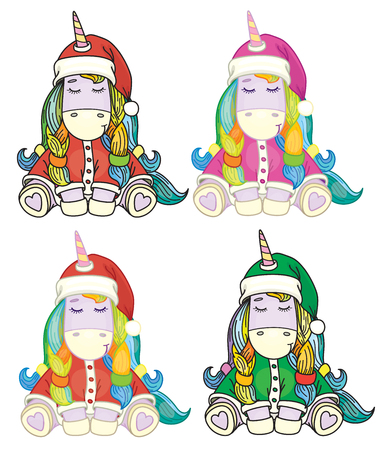 Vector cute  unicorn cartoons in Christmas costume isolated on white.のイラスト素材