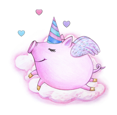 Cute  happy  pig cartoon in pink clouds.の写真素材
