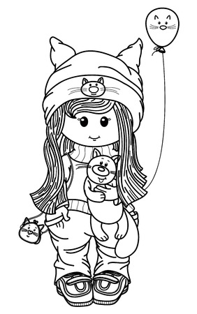 Vector cute girl cartoon holding kitten, black silhouettes for coloring.のイラスト素材