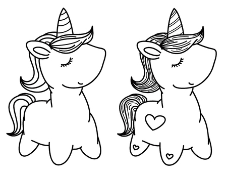 Vector cute unicorn cartoon, black silhouettes.のイラスト素材