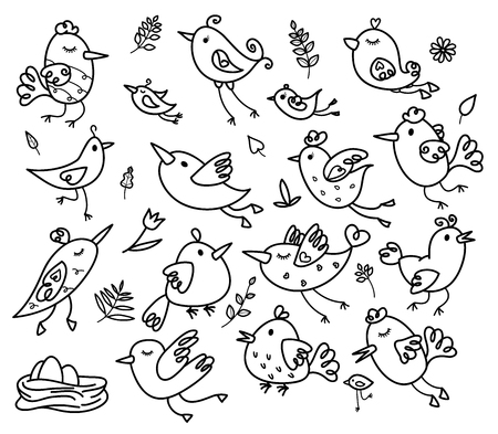 Vector set of birds cartoons, black silhouettes for coloring.のイラスト素材