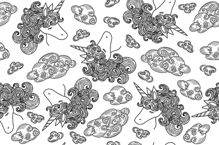 Vector cute seamless pattern,  unicorns in clouds black silhouettes.のイラスト素材