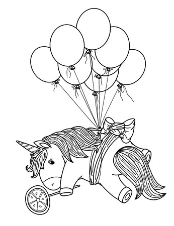 Vector cute unicorn with balloons, black silhouette for coloring.のイラスト素材