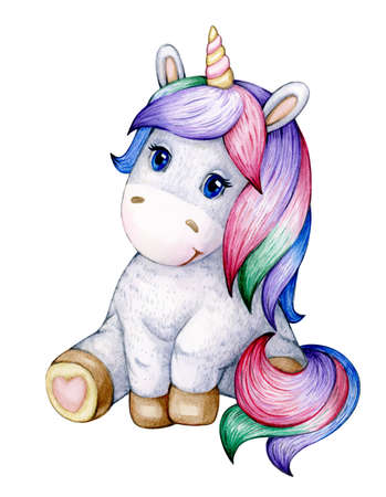 Cute  sitting baby unicorn cartoon, isolated on white.の写真素材