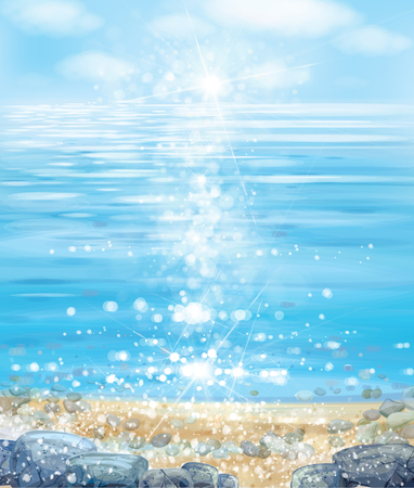 Vector  ocean with blue  sky, sandy beach and stones.のイラスト素材