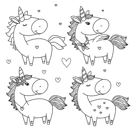 Vector  unicorn cartoons, black silhouette for coloring.  のイラスト素材