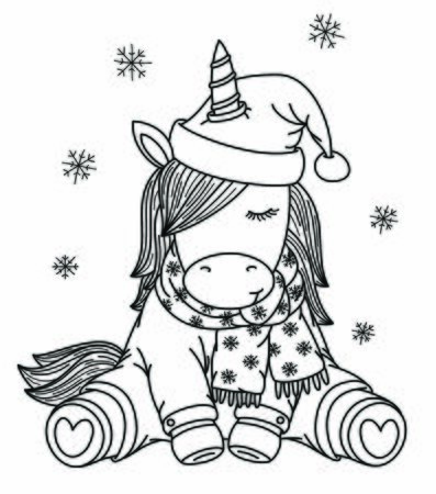Vector  unicorn cartoon in Christmas hat, black silhouette for coloring.  のイラスト素材
