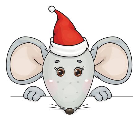 Vector cute, grey  mouse  cartoon in Christmas hat hiding by blank, isolated on white.のイラスト素材