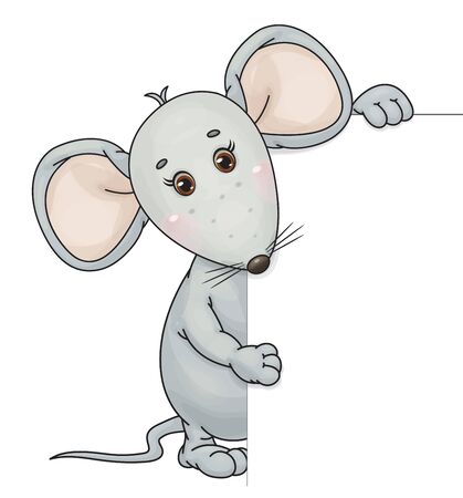 Vector cute, grey  mouse  cartoon hiding behind by blank, isolated on white.のイラスト素材