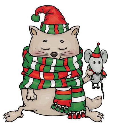 Vector funny cat cartoon  holding rat.のイラスト素材
