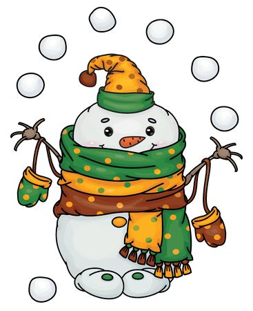 Vector  happy  snowman cartoon playing snowballs, isolated on white.のイラスト素材