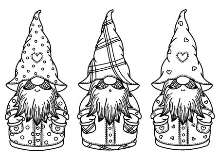 Vector  cute gnomes cartoons, black  silhouette isolated on white for coloring.のイラスト素材