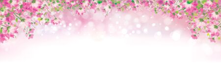 Vector pink floral border on pink bokeh background.のイラスト素材