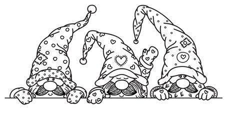 Vector  cute gnomes cartoons hiding  by blank, black  silhouette isolated on white for coloring.のイラスト素材