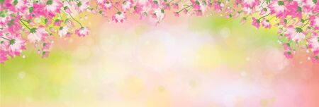 Vector pink floral border on spring, bokeh background.のイラスト素材