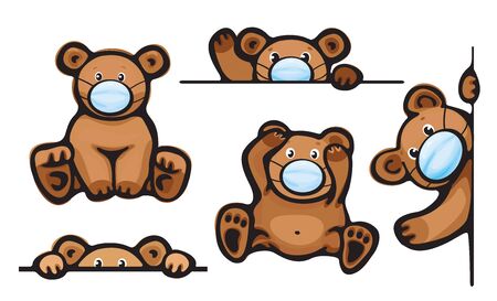  Vector   bears cartoon in mask, isolated.のイラスト素材