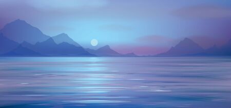 Vector blue sea scene with mountains  background.のイラスト素材