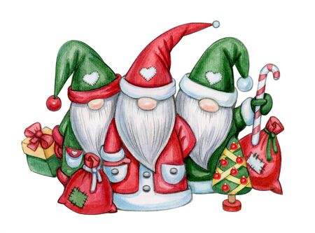 Christmas cute gnomes cartoons, isolated on white. Merry Christmas greeting card. Watercolor illustration.の写真素材