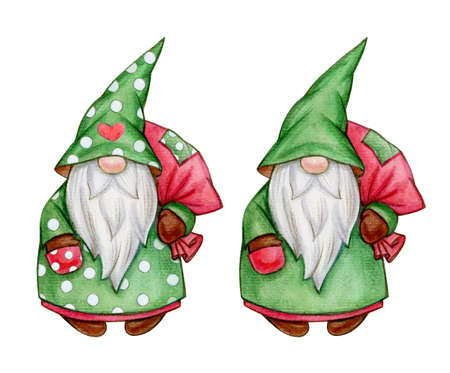 Christmas cute gnome  cartoons, isolated on white. Merry Christmas! Watercolor illustration.の写真素材