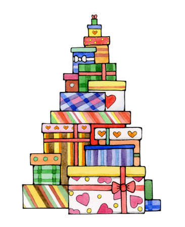 Christmas tree shape from gifts, isolated on white. Merry Christmas greeting card. Watercolor illustration.の写真素材