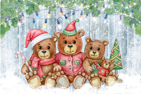 Cute  bears family. Greeting card for Christmas holidays design.の写真素材
