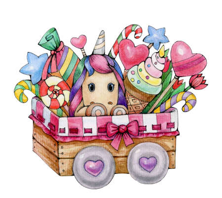 Cute unicorn  with sweets in box, isolated on white. Watercolor illustration.の写真素材