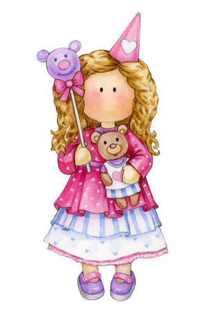 Cute girl holding Teddy  and balloon, isolated on white. Watercolor illustration.の写真素材