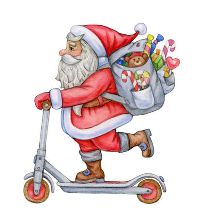 Santa Claus with scooter and gifts, isolated on white.  Watercolor illustration.の写真素材