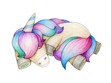 Cute sleeping unicorn, isolated on white. Watercolor illustration.の写真素材