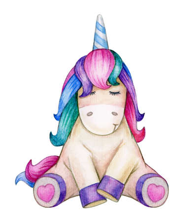Cute, sitting unicorn, isolated on white. Watercolor illustration.の写真素材