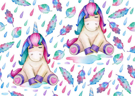 Seamless pattern, unicorn, leaves  and rain, isolated on white. Watercolor illustration.の写真素材