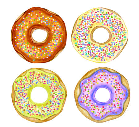 Colorful donuts isolated on white. Watercolor illustration.の写真素材