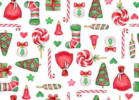 Christmas seamless pattern. Christmas symbols background, isolated on white. Watercolor illustration.の写真素材