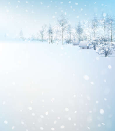 Vector  winter scene with forest and houses. Winter landscape.のイラスト素材