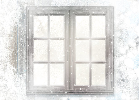 Snowy window. Background for holiday,  winter design.  Christmas background.