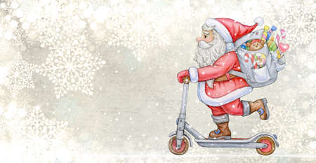 Santa Claus with scooter and gifts. Background for Christmas design.の写真素材