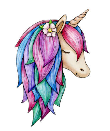 Cute, magic unicorn portrait, isolated on white. Watercolor illustration.の写真素材