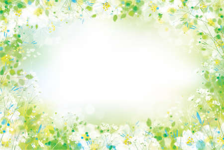 Vector  green, spring  background.  Floral border on bokeh background.のイラスト素材