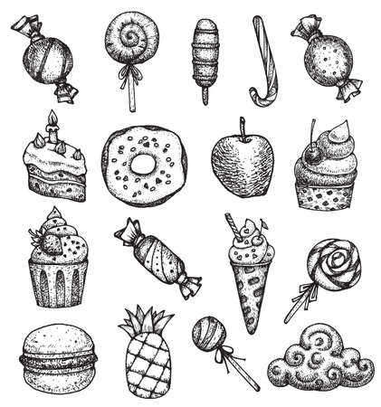Vector sweet icons set, isolated on white. Unicorn set. Hand drawn illustration.のイラスト素材