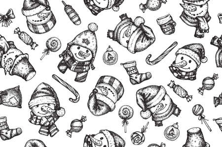 Vector Christmas  seamless background, funny snowmen and Christmas symbols, isolated on white. Hand drawn illustration.のイラスト素材
