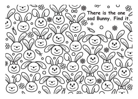 Vector cute little rabbits. Find sad Bunny, fun game for kids. Coloring, activity page.のイラスト素材